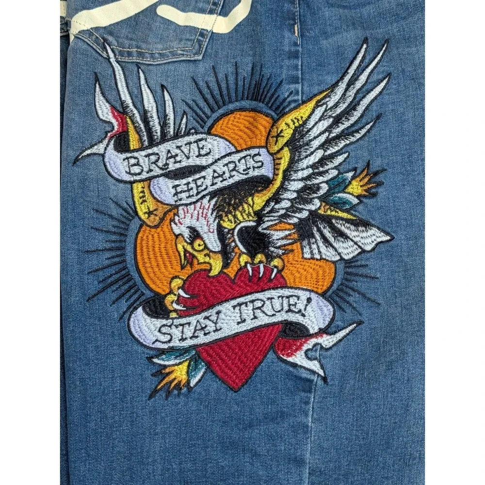 Ed Hardy Mens 32 Wide Leg Embroidered Jeans Medium‎ Vintage Blue NEW
